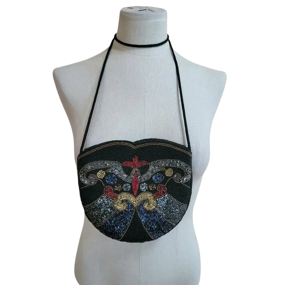 VINTAGE Flapper Bohemian Beaded Purse Black Gold Red Blue Evening Clutch